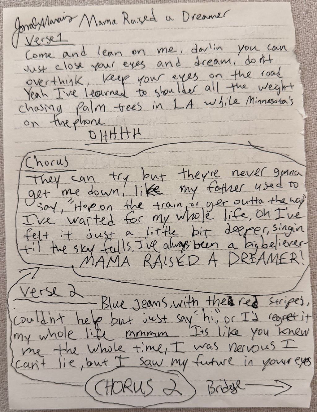 Mama Raised a Dreamer - Signed Lyric Sheet