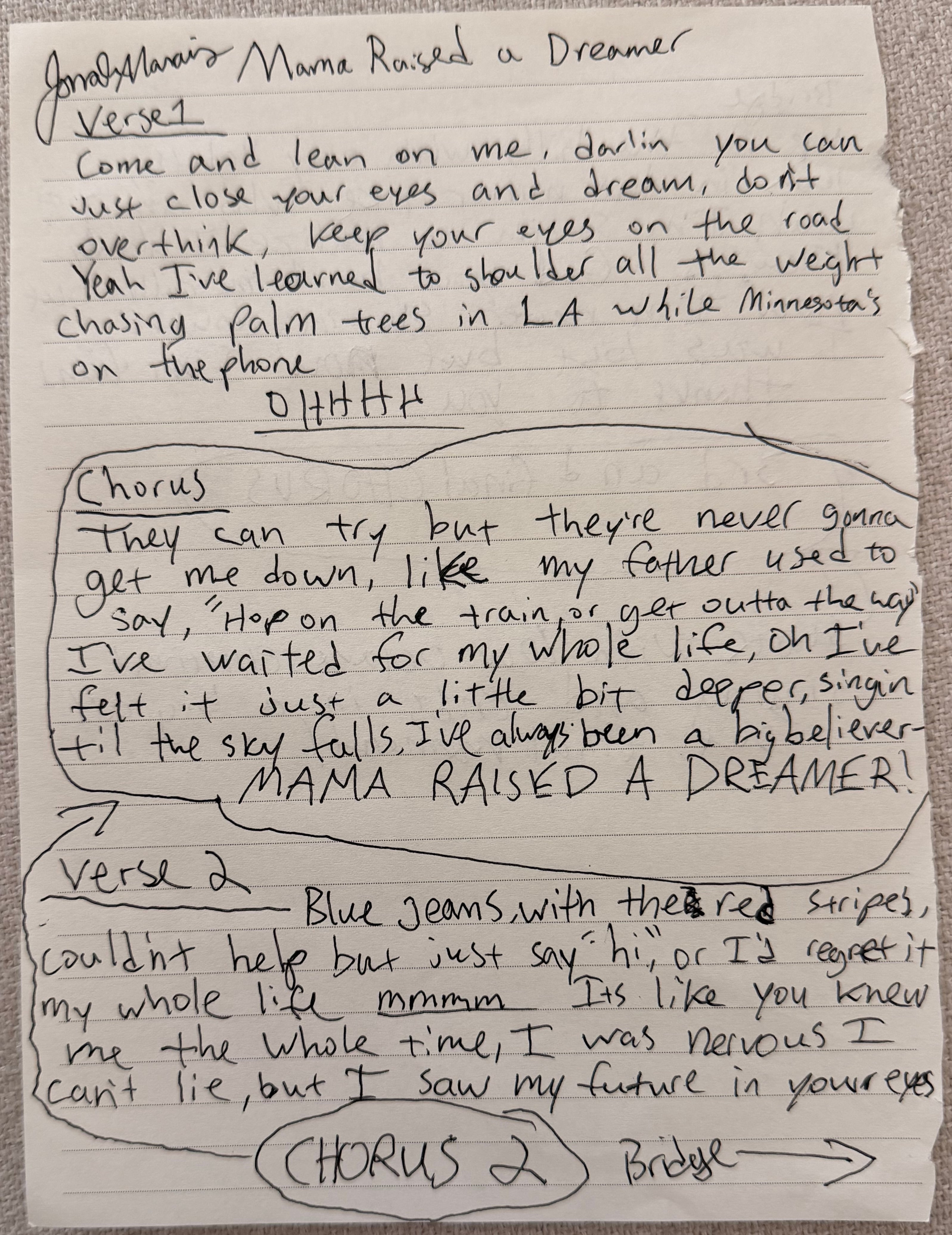 Mama Raised a Dreamer - Signed Lyric Sheet