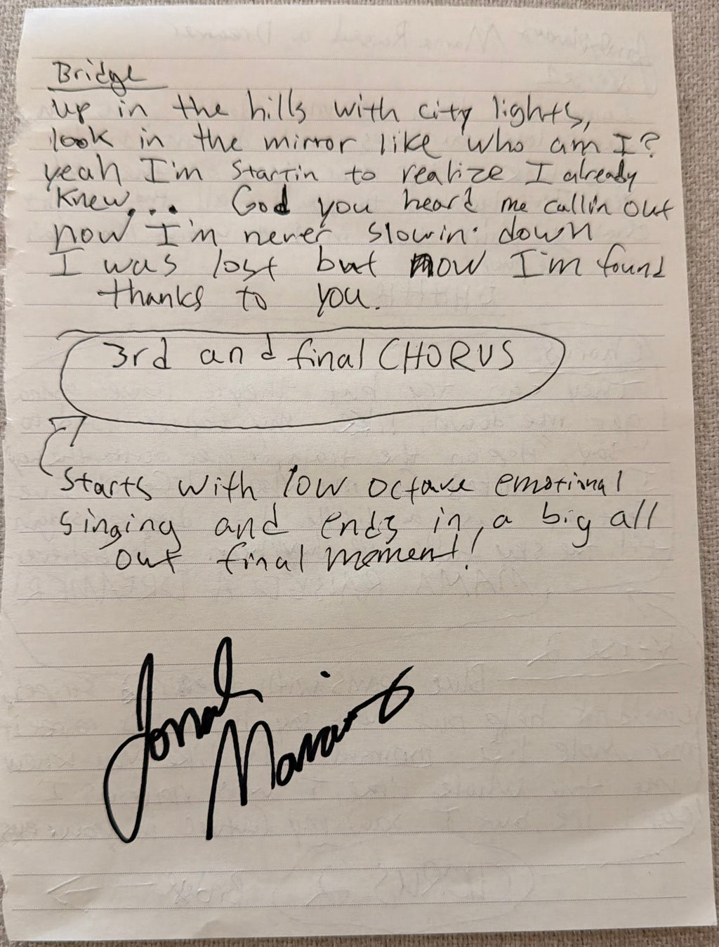 Mama Raised a Dreamer - Signed Lyric Sheet