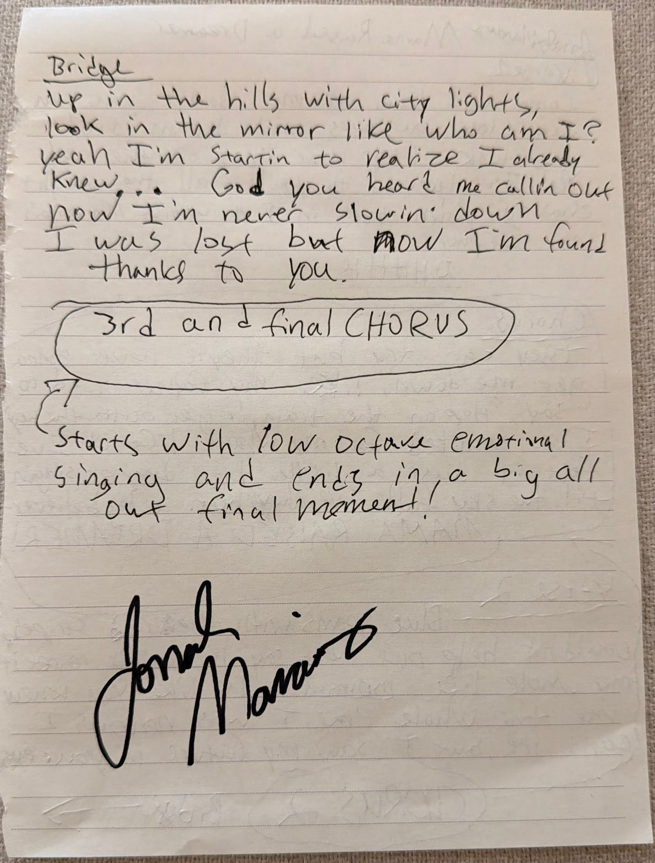Mama Raised a Dreamer - Signed Lyric Sheet